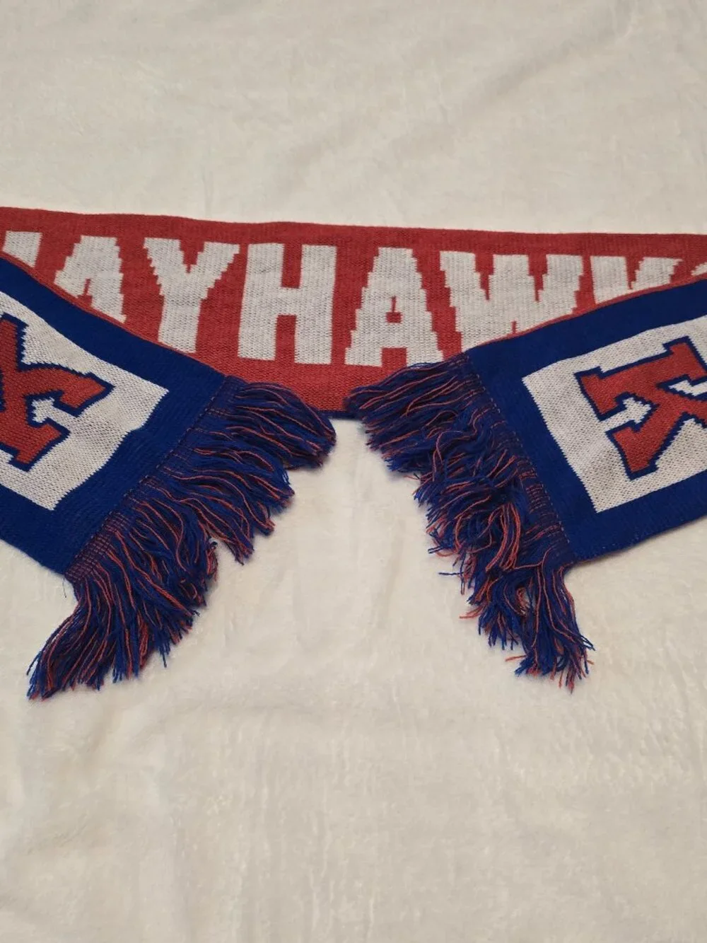 Kansas Jayhawks Knit Scarf Rock Chalk Jayhawks Blue Red Fringe Double Sided